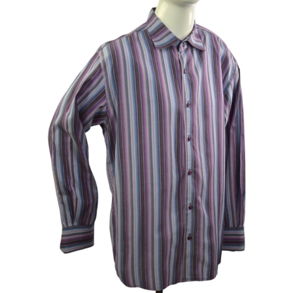 Quickreflex Men sz Large Dress Shirts Vertical Stripes 100% Cotton Purple